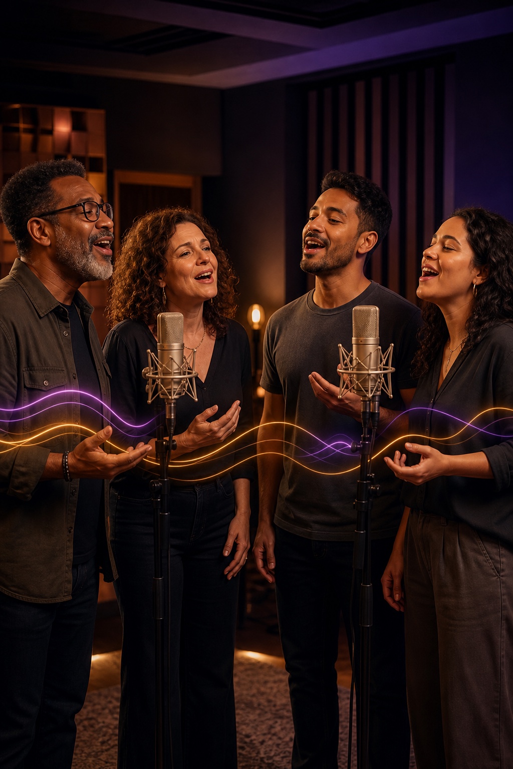 Cantores praticando técnica vocal com orientação
